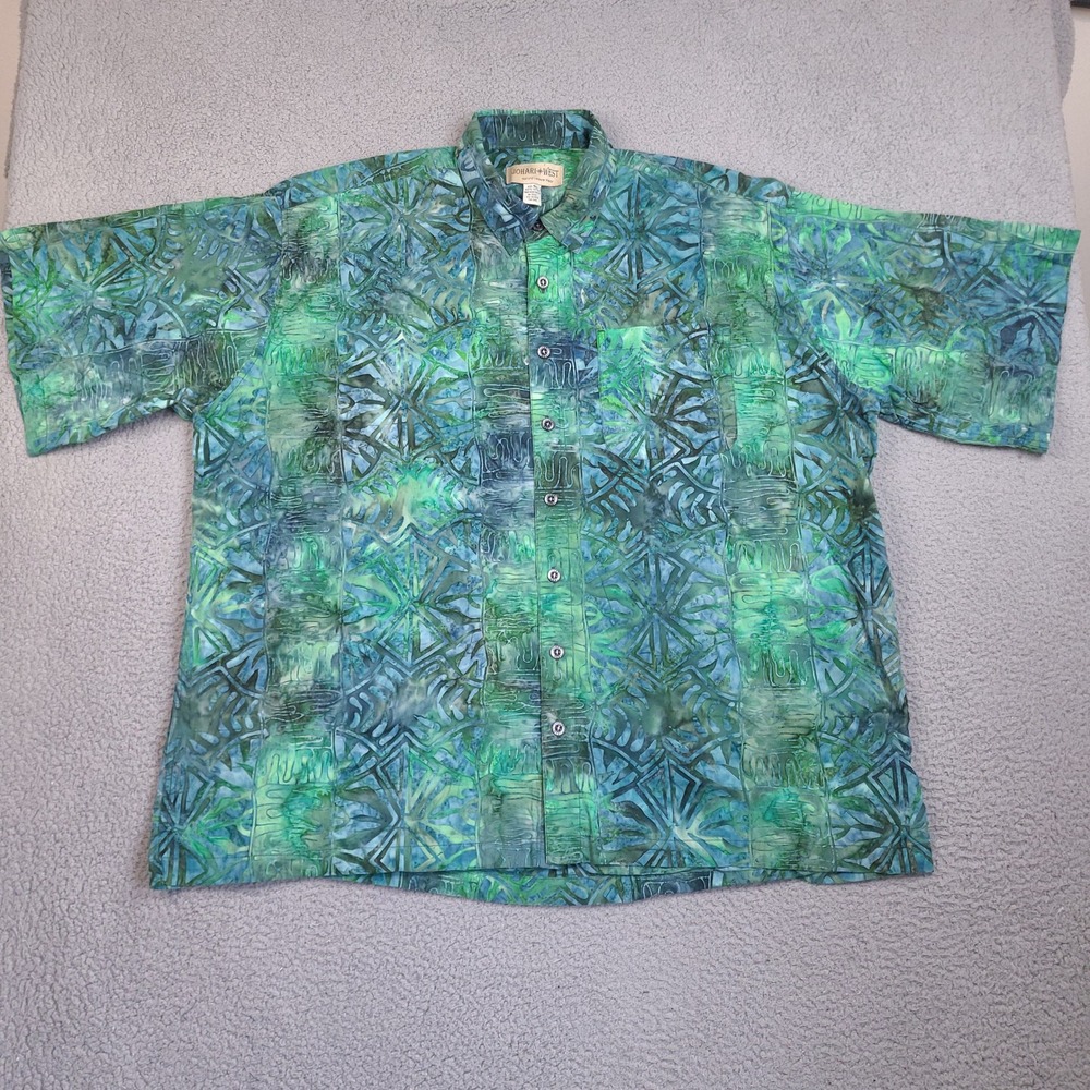 Johari West Hawaiian Shirt Mens 4XL Green Blue Batik Cotton Short Sleeve Button